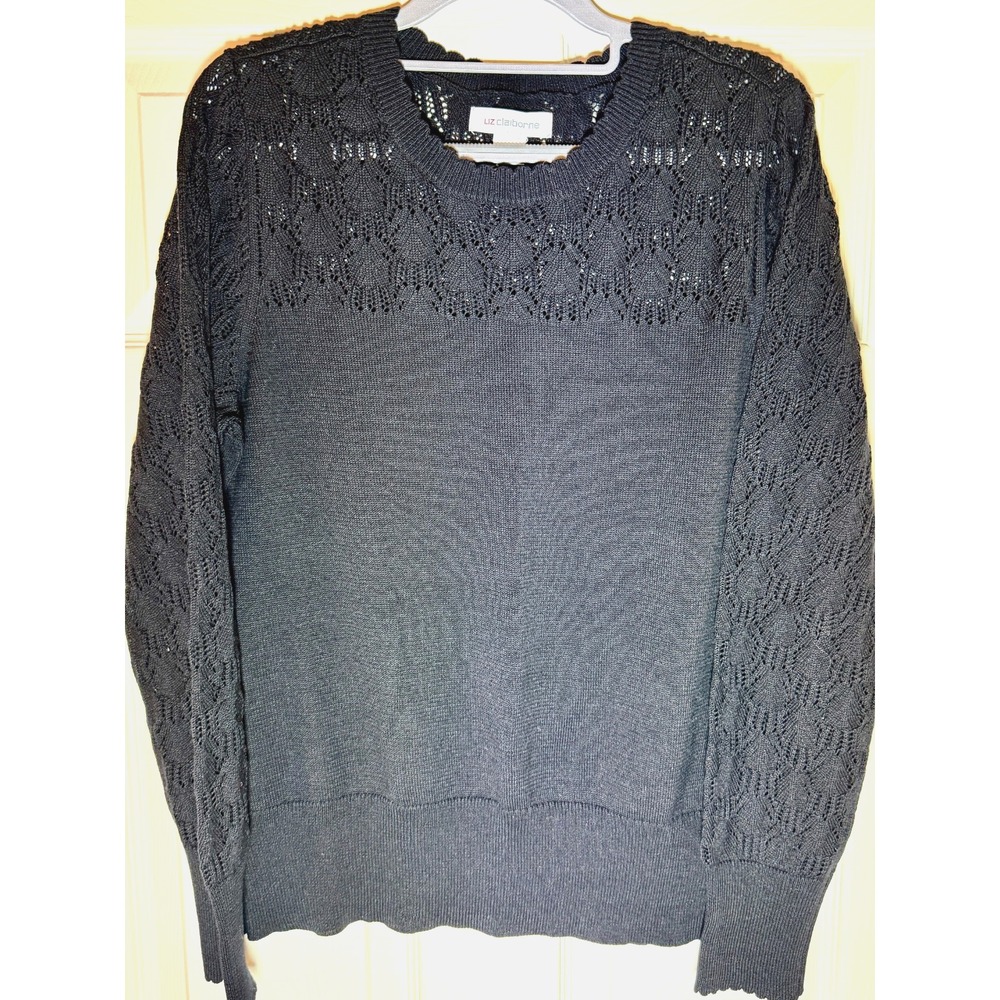 Liz Claiborne Women's Large Black Lightweight Sweater w/ Crocheted Neck & Sleeve